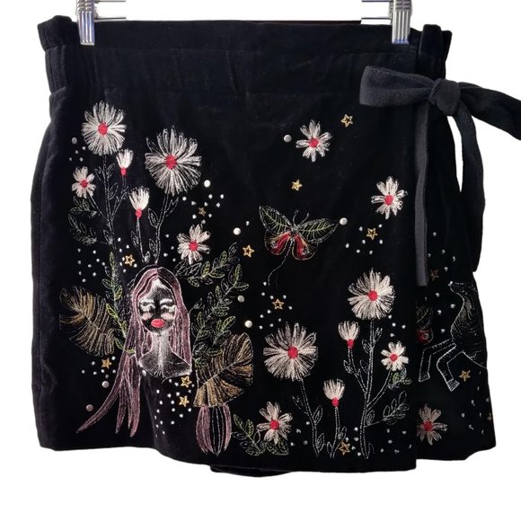 Zara Pants - Zara Womens Black Velvet Embroidered Lady Floral Deer Wrap Skorts Skirt M